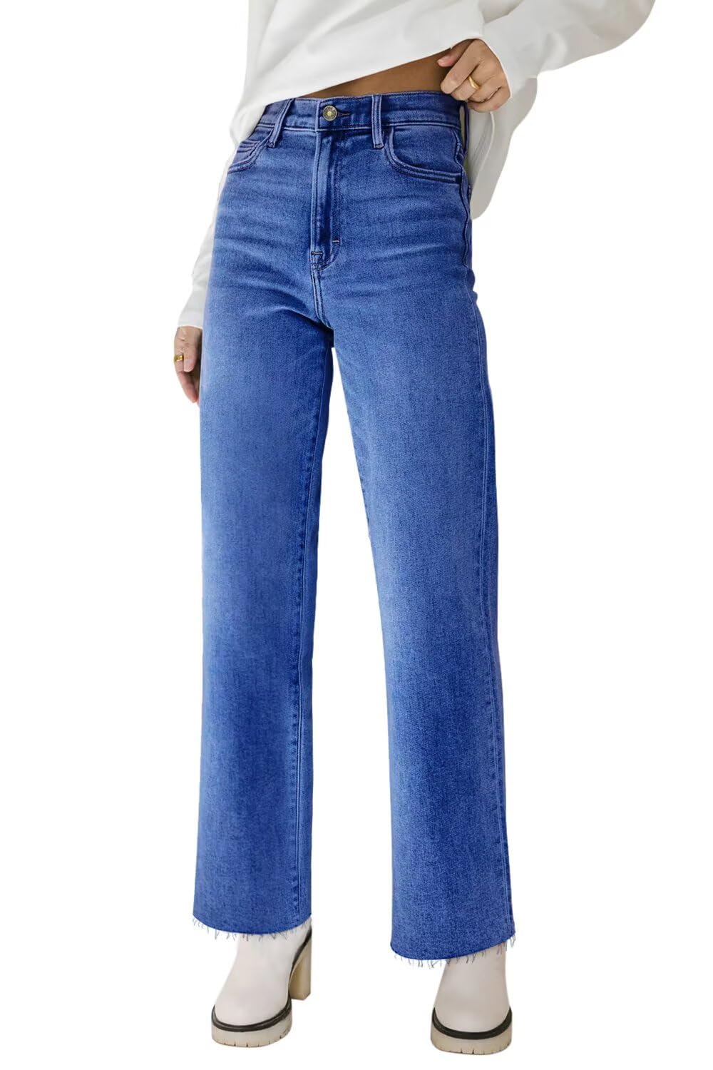 KDF Straight Leg Jeans for Women High Waisted Frayed Baggy Pants Stretchy Cropped Wide Leg Jeans