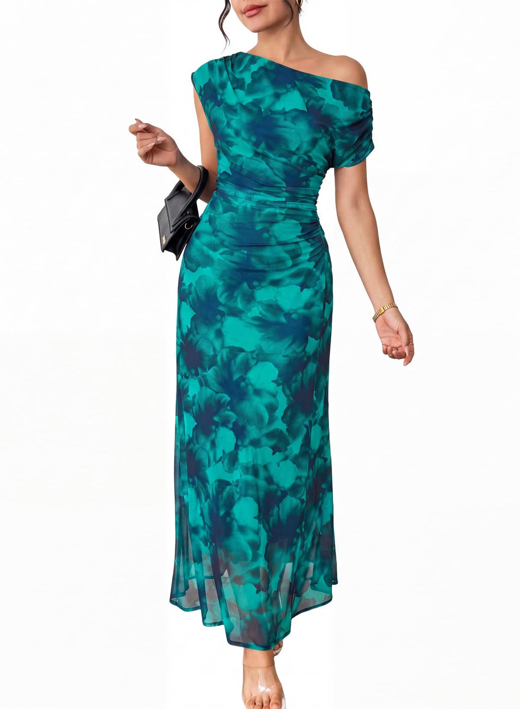 BLENCOT Women's Floral Off Shoulder Wedding Guest Dress Party Gown