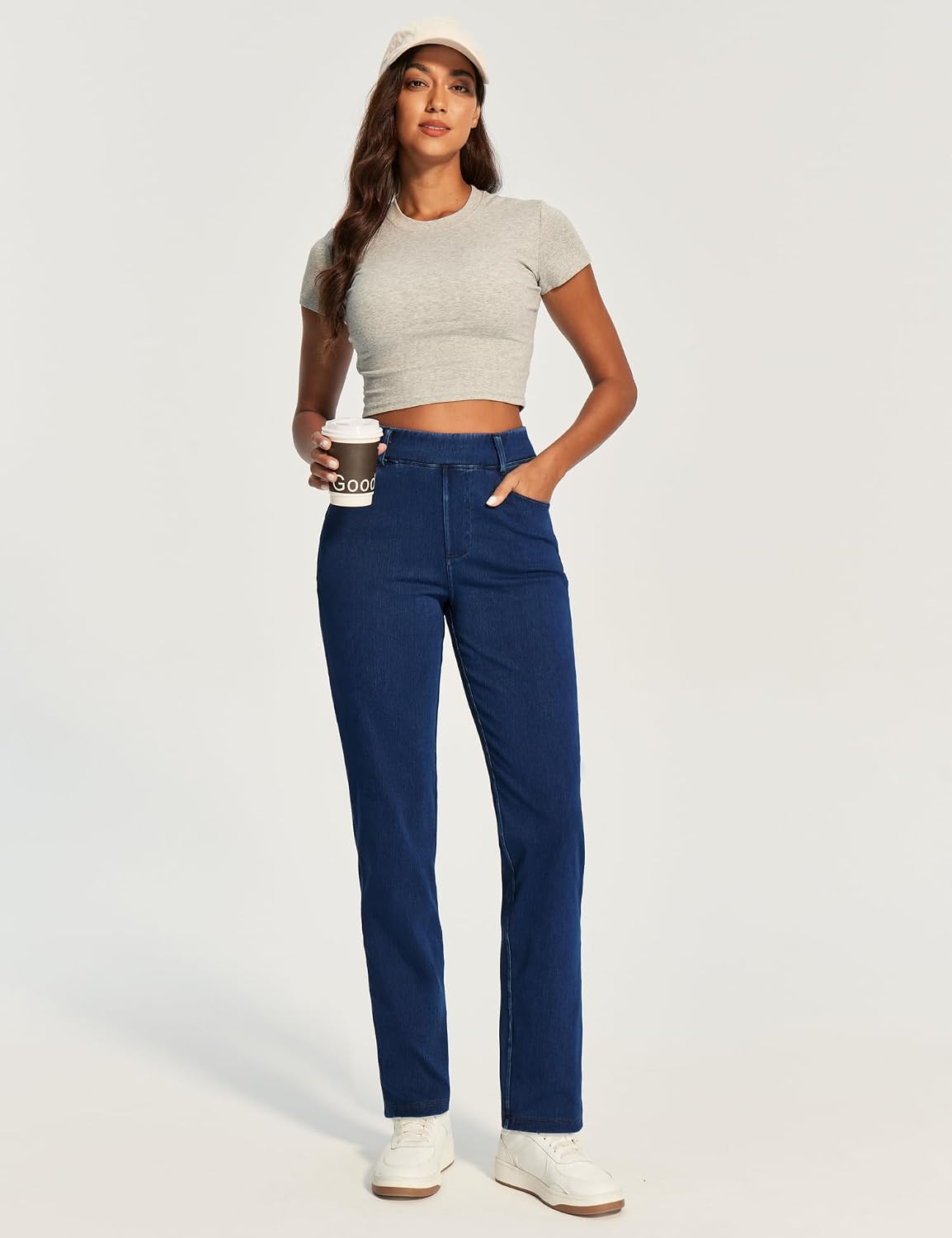 Stretchy Straight Leg Jeans for Women Pull On High Waisted Trendy Denim