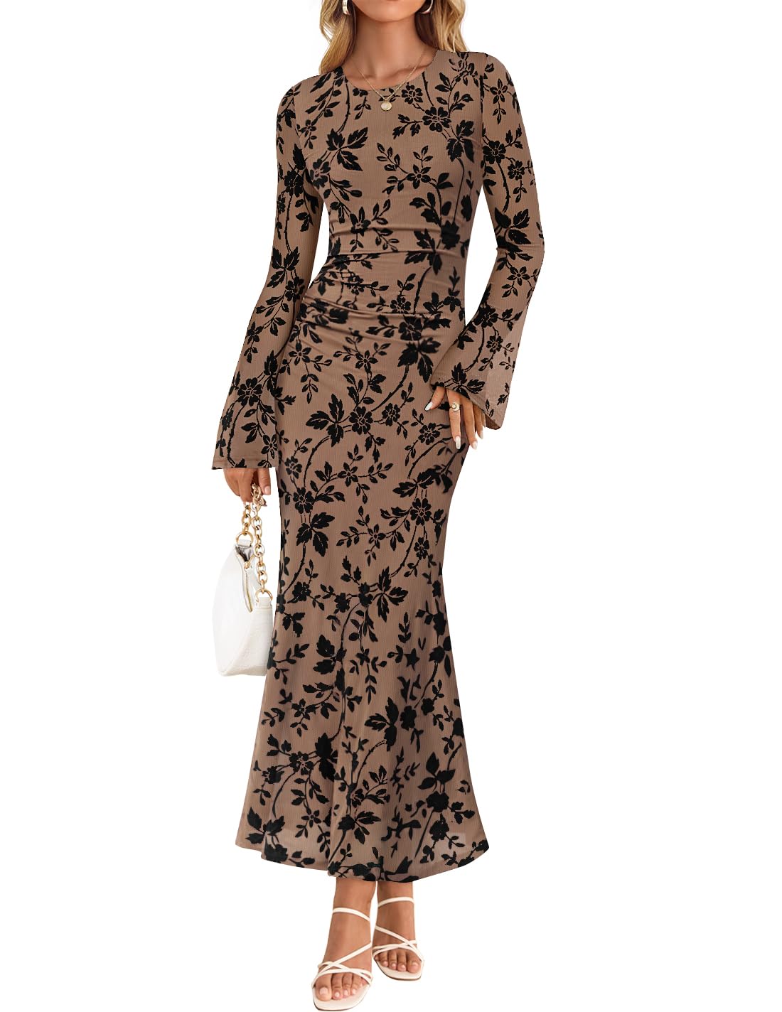 ZESICA Womens Long Sleeve Floral Fall Bodycon Ruched Mesh Maxi Formal Dress