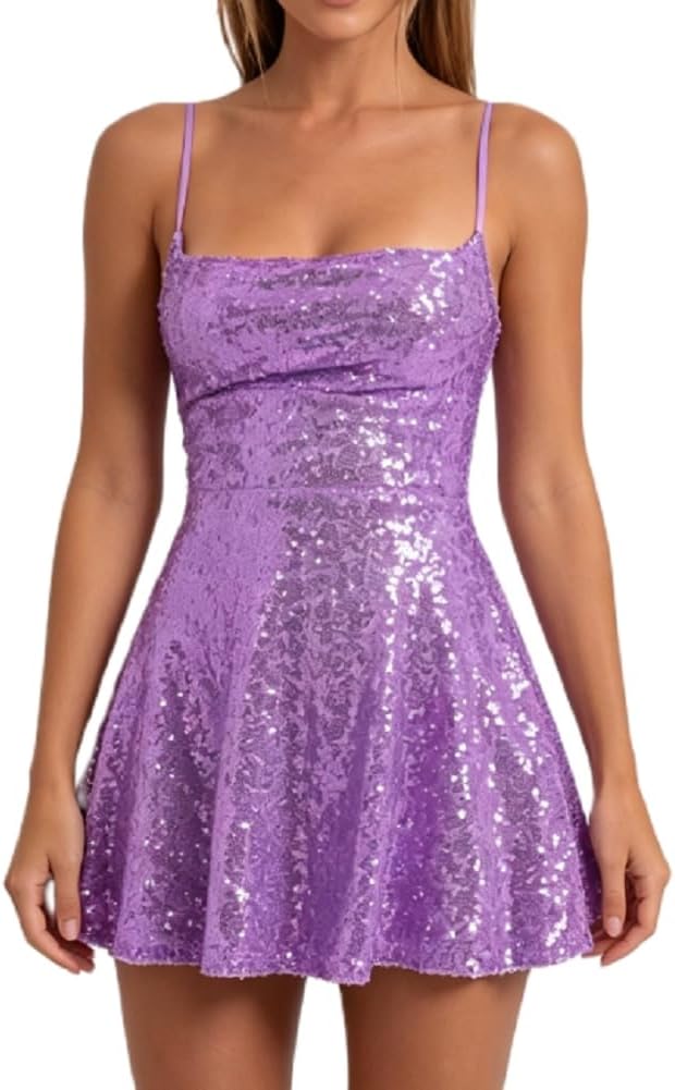 FEORJGP Womens Sparkly Sequin Mini Dress Shiny Spaghetti Strap Short Dress Glitter Disco Slip Dresses Cocktail Party Clubwear