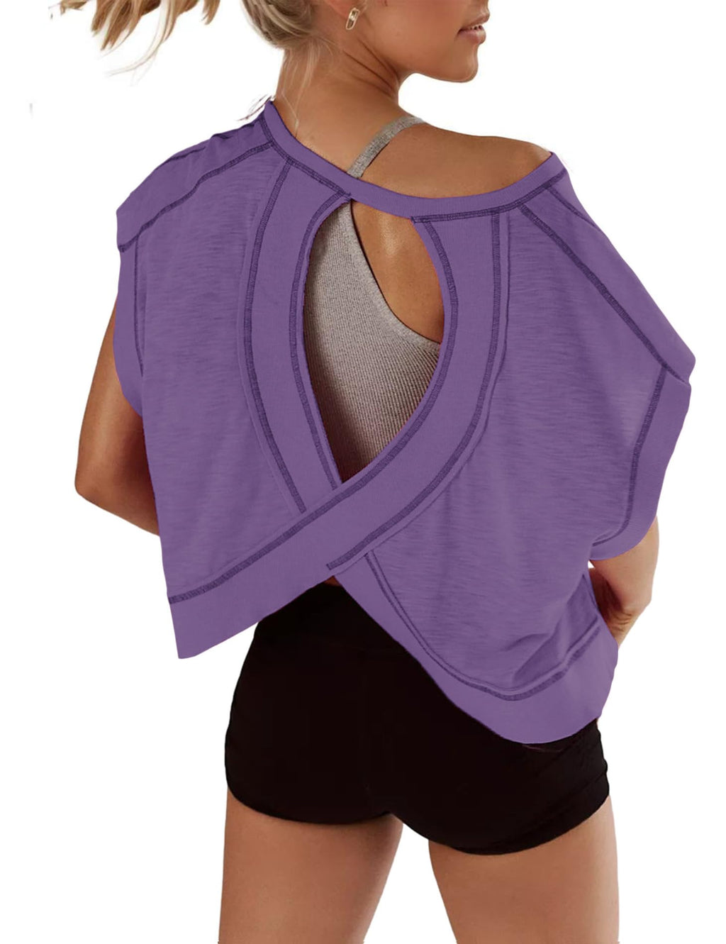 Open Back Tops for Women Oversized Short Sleeve Workout T Shirts Backless Y2k Athletic Crop Running Tees