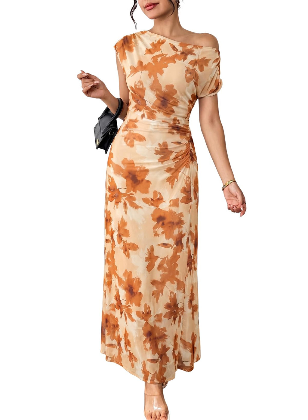 BLENCOT Women's Floral Off Shoulder Wedding Guest Dress Party Gown