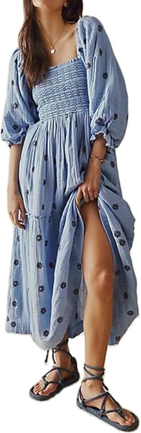 ABYOVRT Women Floral Embroidered Maxi Dress Long Puff Sleeve Square Neck Bohemian Flowy Dress with Pockets Summer Fall