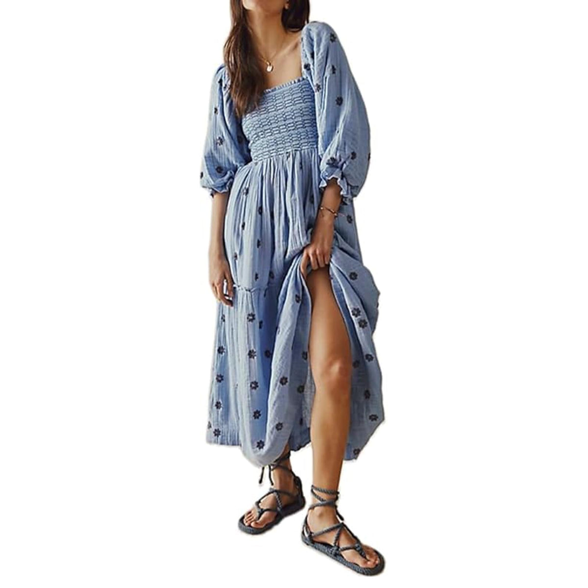 ABYOVRT Women Floral Embroidered Maxi Dress Long Puff Sleeve Square Neck Bohemian Flowy Dress with Pockets Summer Fall
