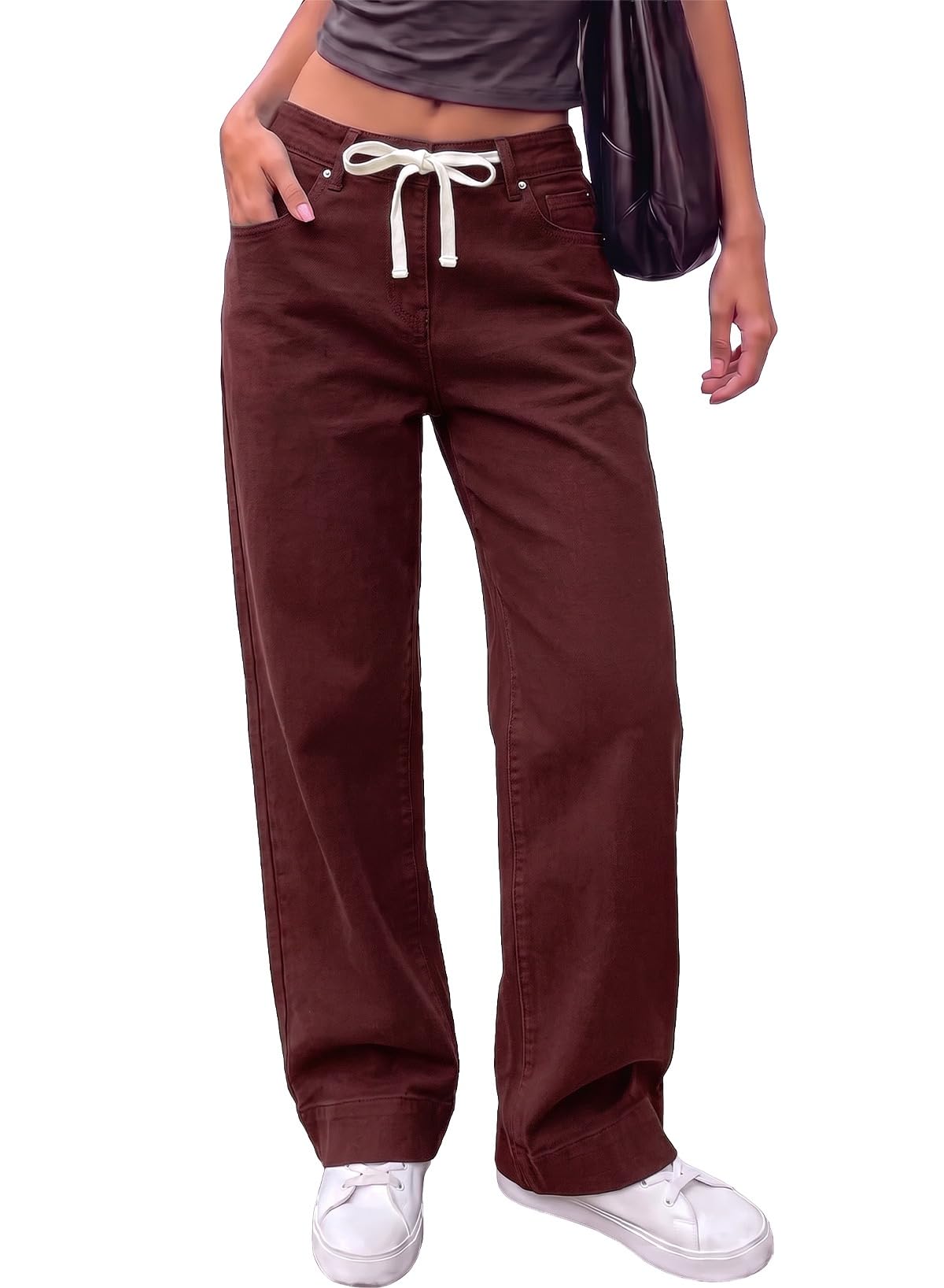 Sidefeel Women's High Waisted Straight Leg Jeans Drawstring Denim Pants