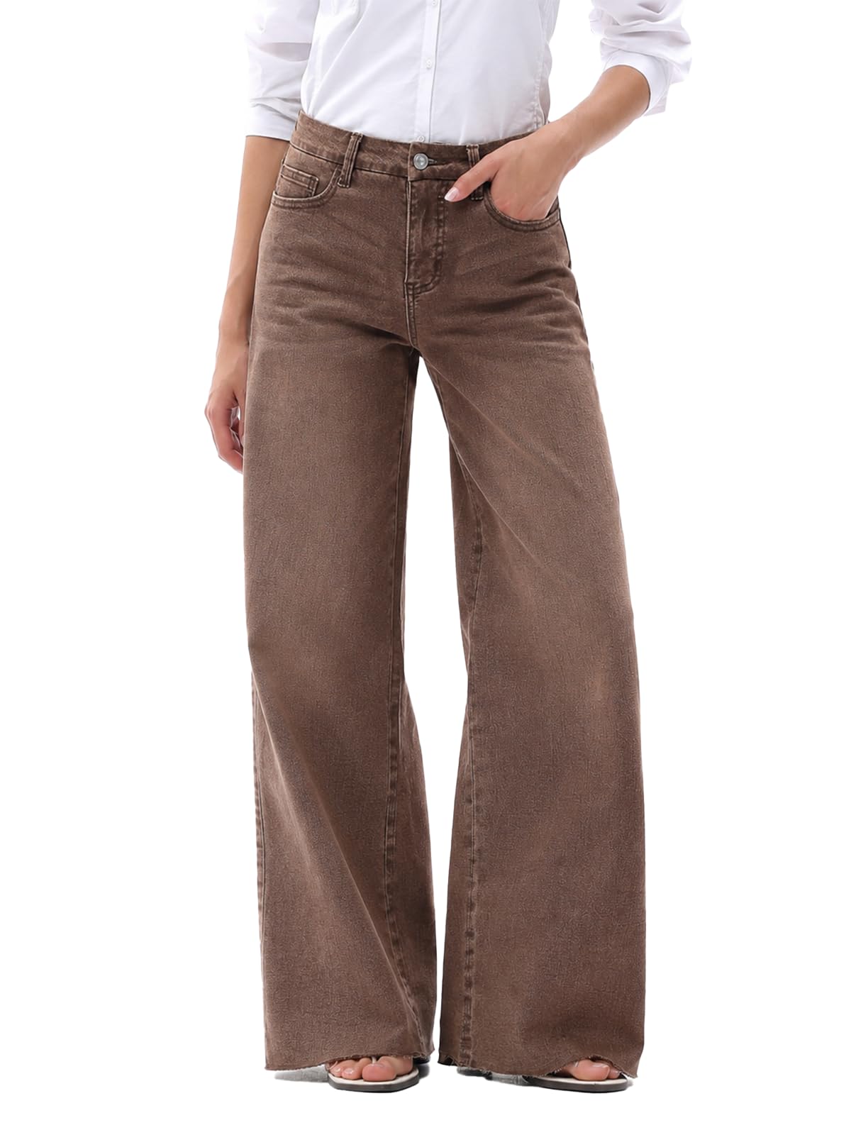ONESO Women's Wide Leg Jeans Mid Rise High Stretch Denim Pants Raw Hem