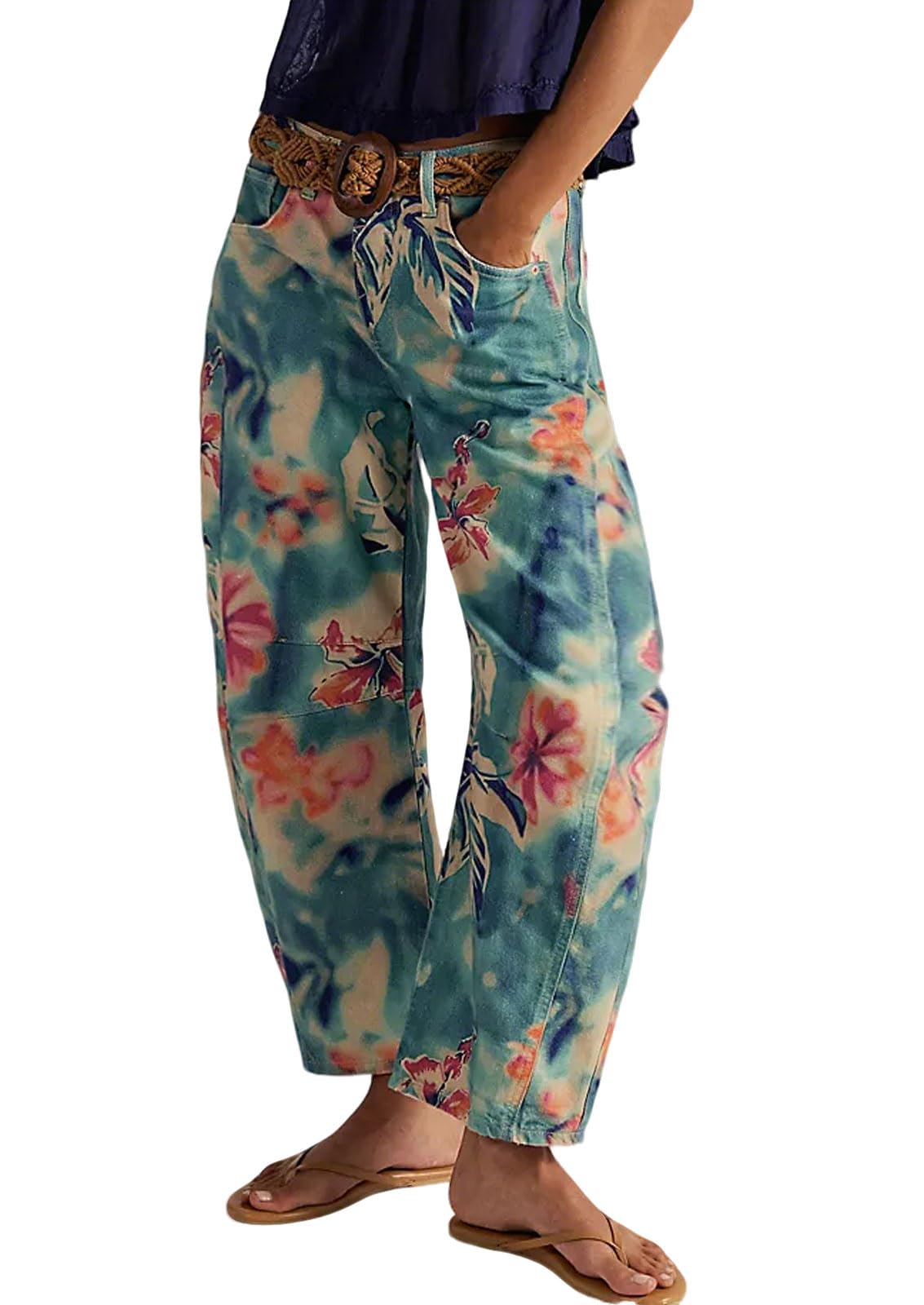 loveimgs Women Boyfriend Baggy Barrel Jeans Floral Print Denim Ankle Pants Wide Leg Mid Rise Jeans Sweatpants Y2k Patchwork