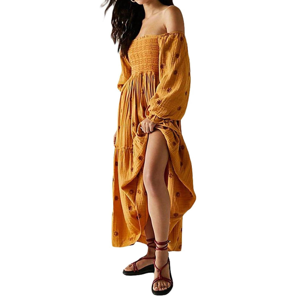 ABYOVRT Women Floral Embroidered Maxi Dress Long Puff Sleeve Square Neck Bohemian Flowy Dress with Pockets Summer Fall