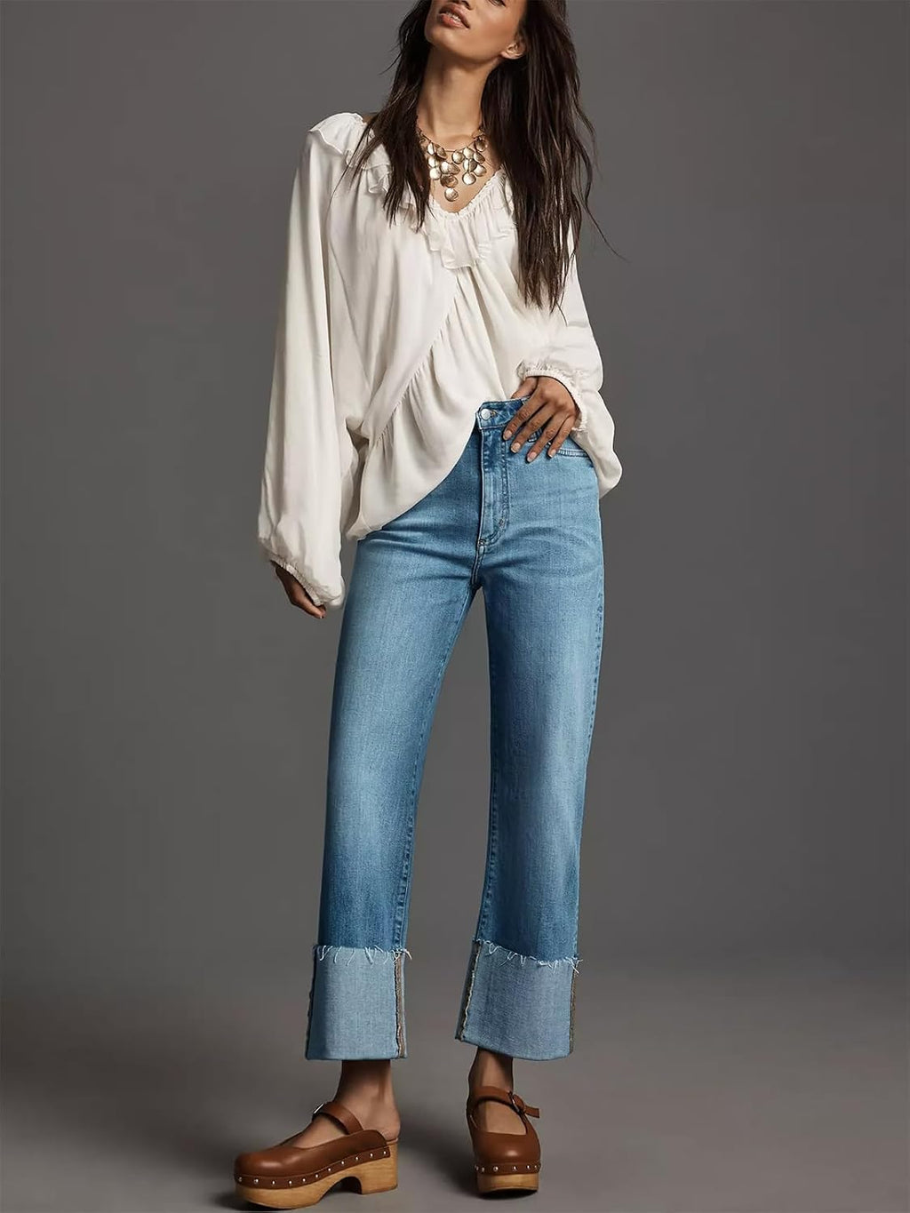 KUNMI Women's Wide Leg Jeans High Waisted Straight Leg Stretchy Denim Pants with Pockets