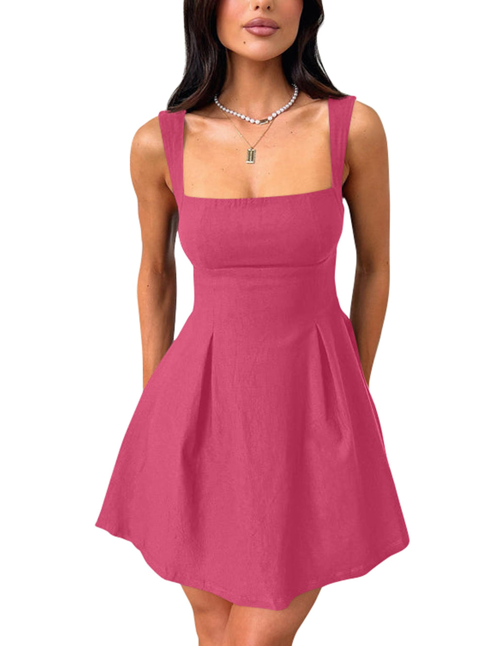 YMDUCH Women's Sleeveless Square Neck Bow Tie A-line Mini Dress