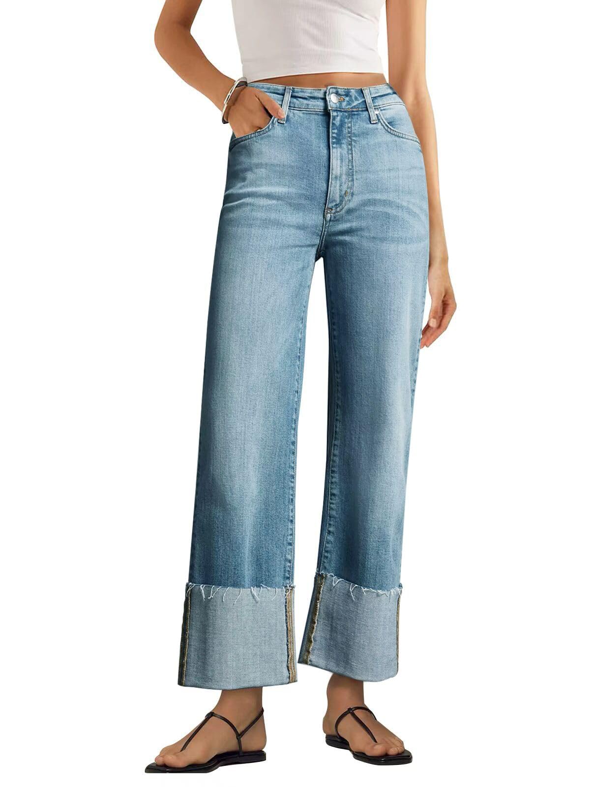 KUNMI Women's Wide Leg Jeans High Waisted Straight Leg Stretchy Denim Pants with Pockets