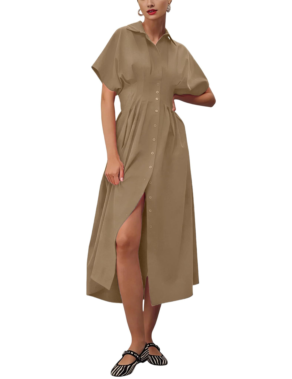 Yeokou Shirt Dress for Women Short Sleeve Button Front Casual Pleated Flowy Maxi Sundress with Pockets