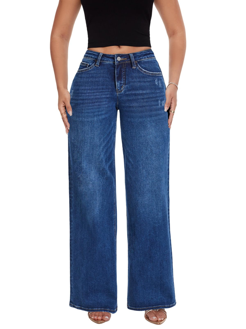 ONESO Wide Leg Jeans for Women Mid Low Rise Baggy Stretchy Denim Pants