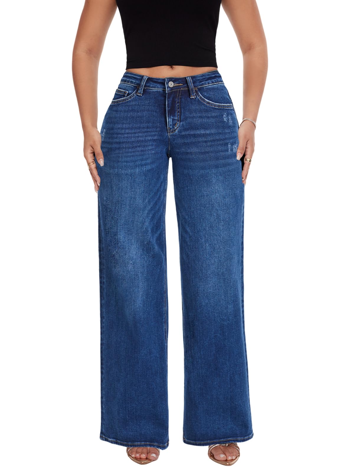 ONESO Wide Leg Jeans for Women Mid Low Rise Baggy Stretchy Denim Pants