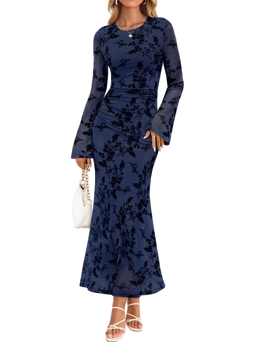 ZESICA Womens Long Sleeve Floral Fall Bodycon Ruched Mesh Maxi Formal Dress