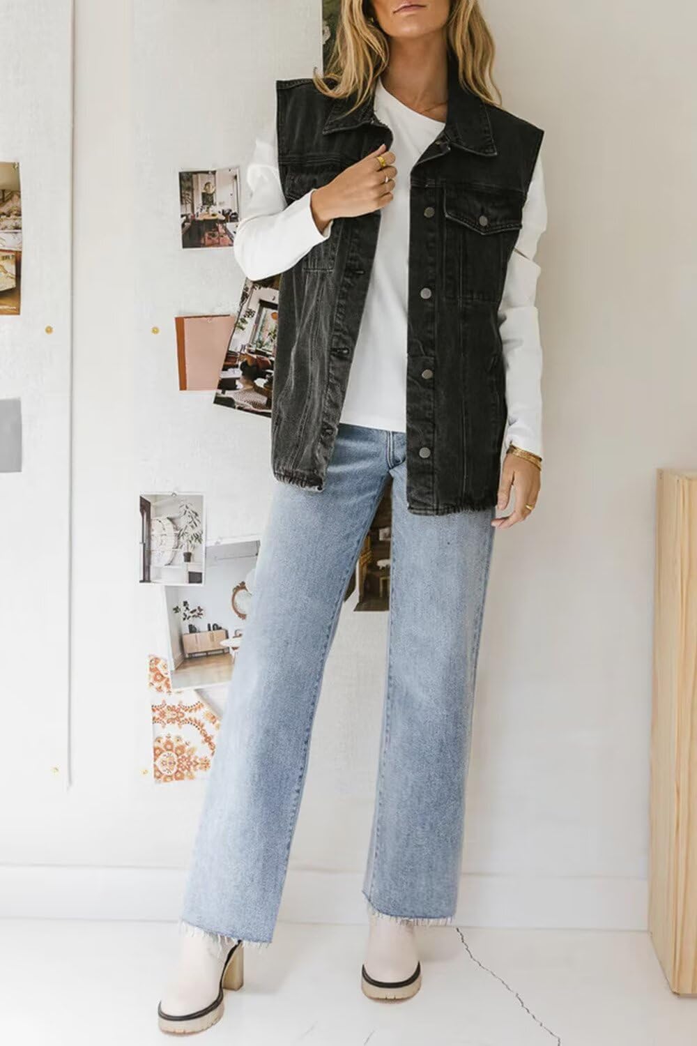 KDF Straight Leg Jeans for Women High Waisted Frayed Baggy Pants Stretchy Cropped Wide Leg Jeans
