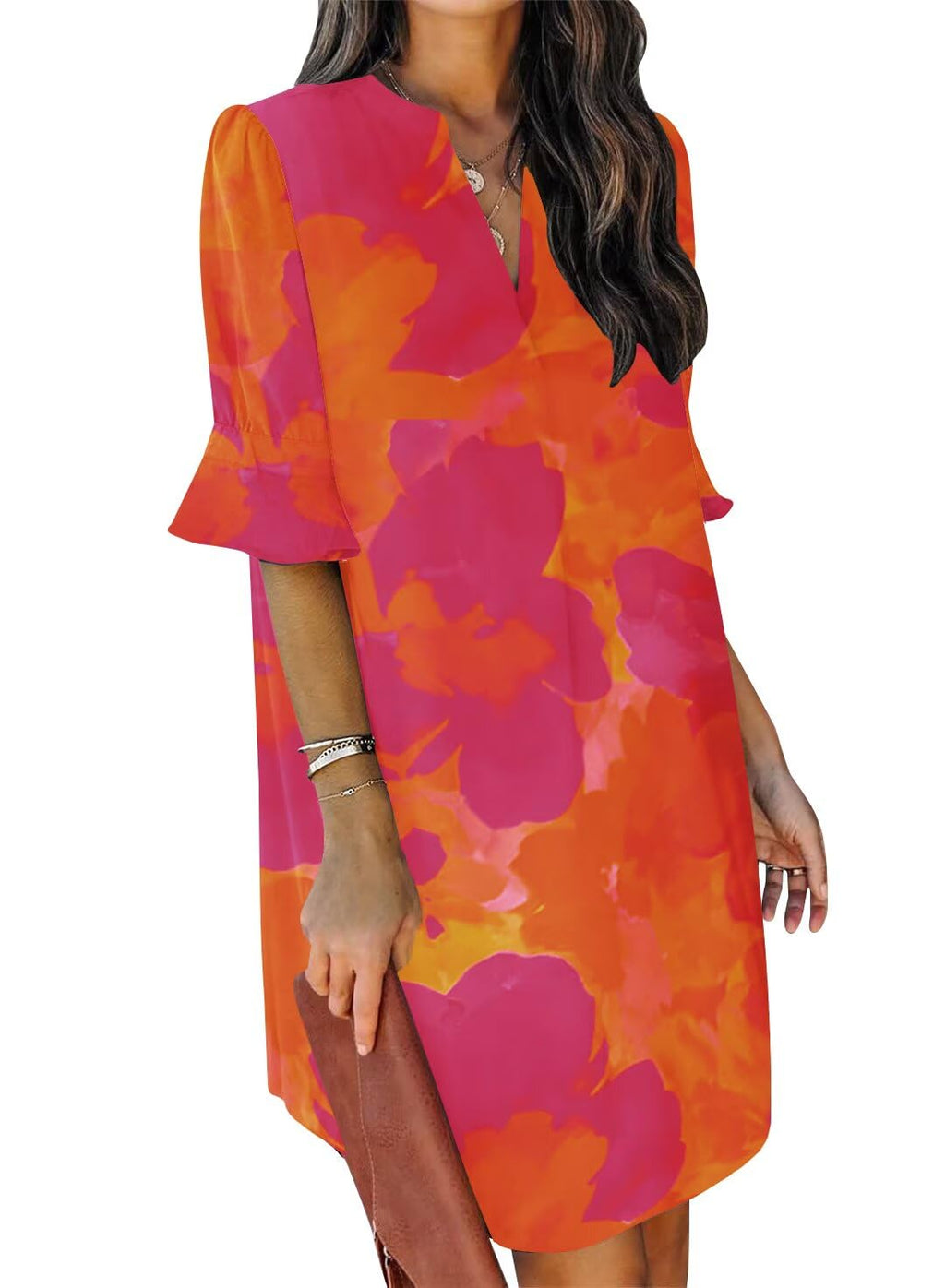 QACOHU Summer Dresses for Women V Neck Ruffle Short Sleeve Shift Dress