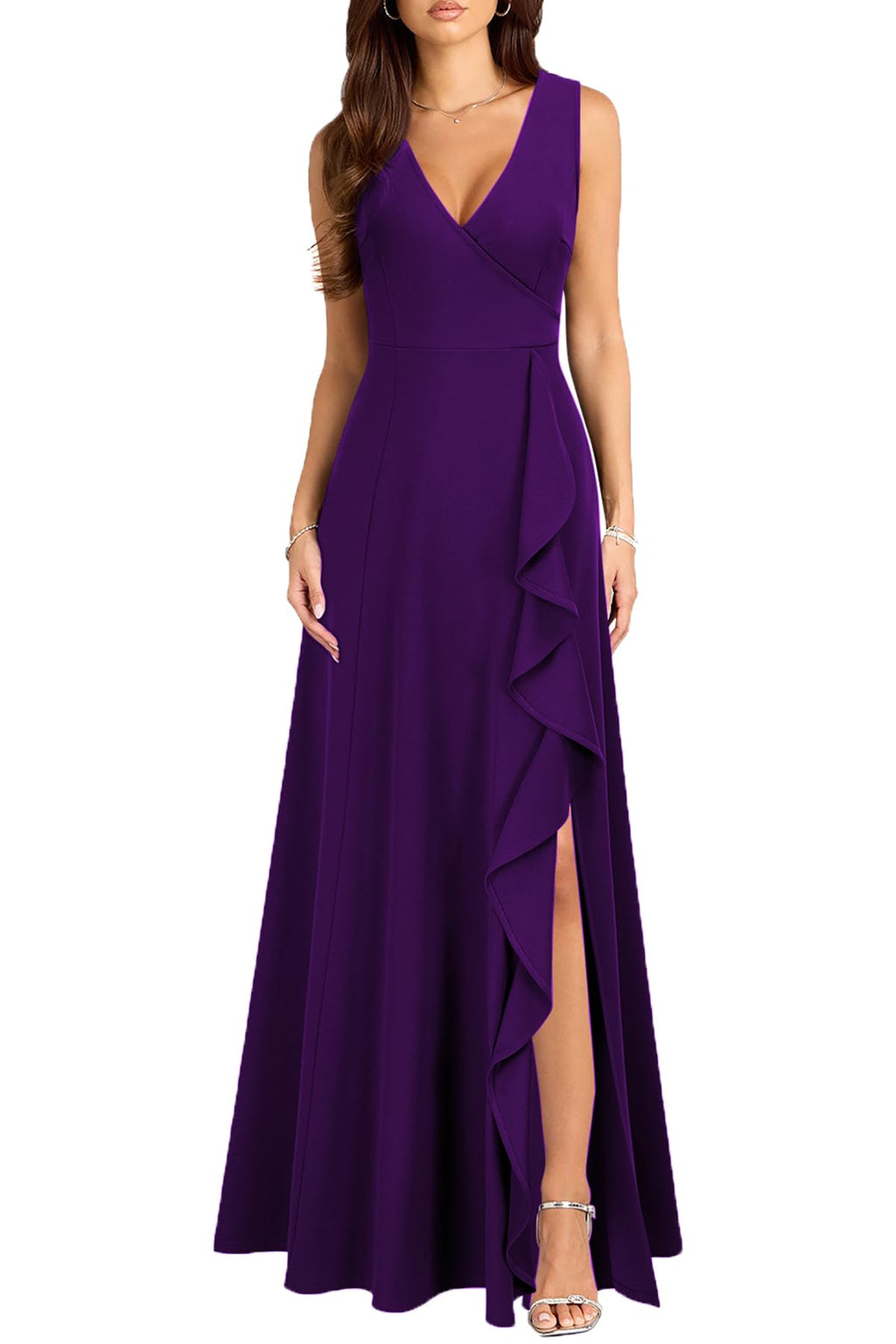 MUSHARE Women's V Neck Sexy Split Cocktail Dress with Pockets Ruffle Party Long Formal Dress