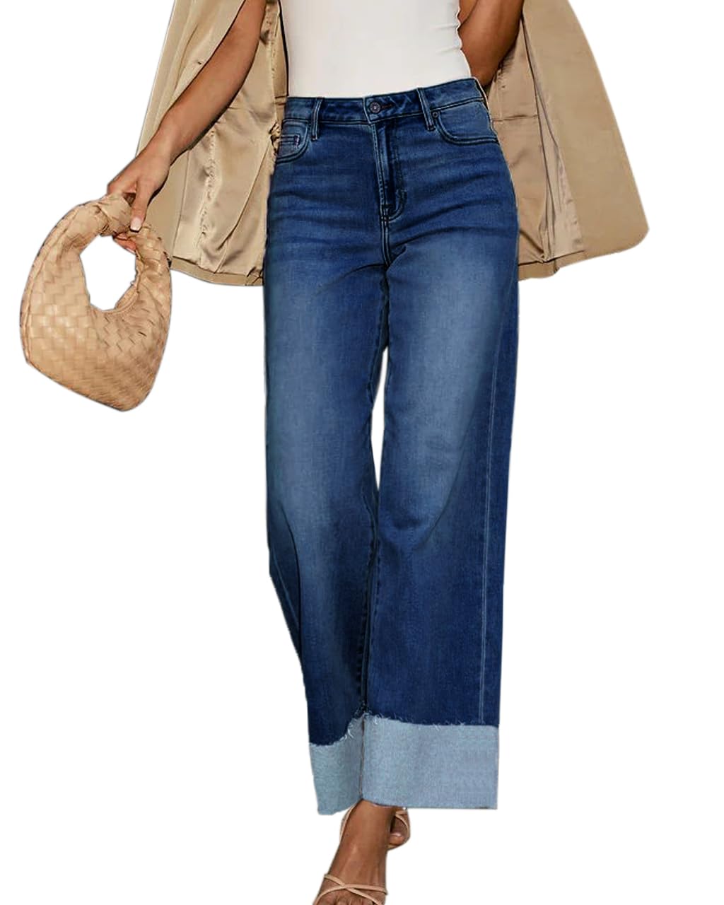 High Waisted Wide Leg Cuffed Jeans for Women Frayed Raw Hem 2026