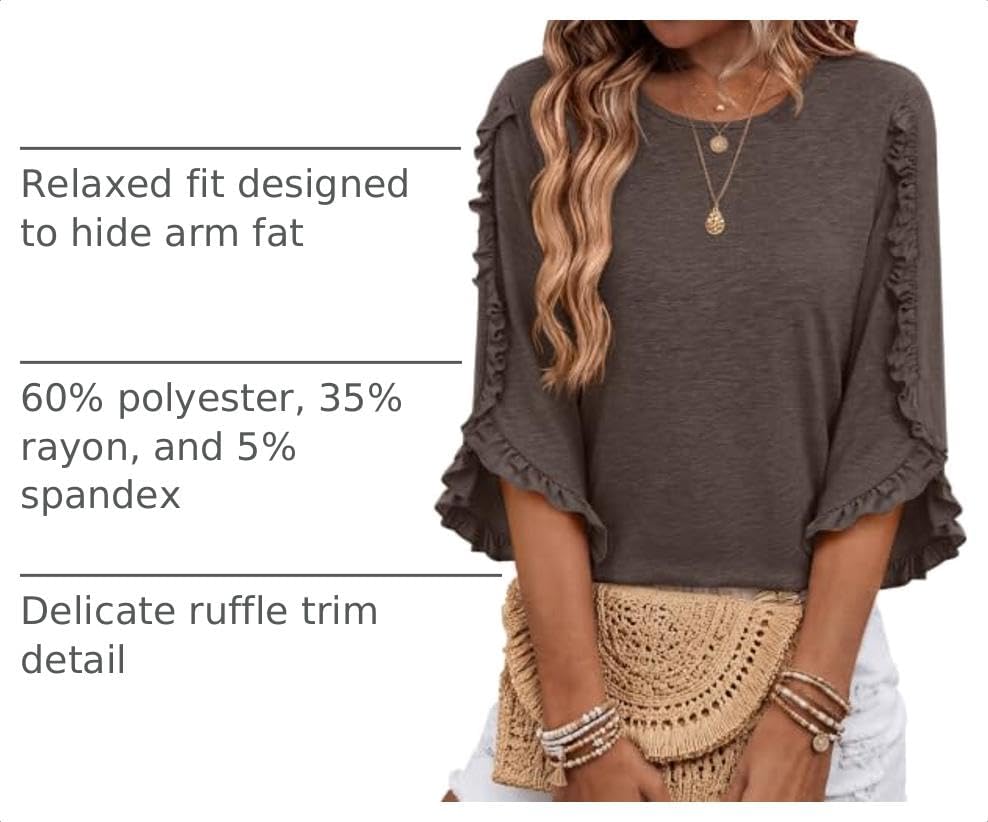3/4 Length Sleeve Womens Tops Crewneck Ruffle Sleeve Shirts Dressy Casual Blouse Summer Fall Fashion Business Outfit