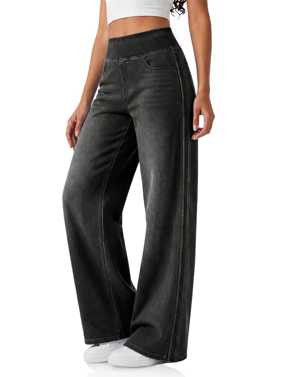 Cicy Bell Womens Pull On Jeans Wide Leg Stretchy Side Striped Denim Pants