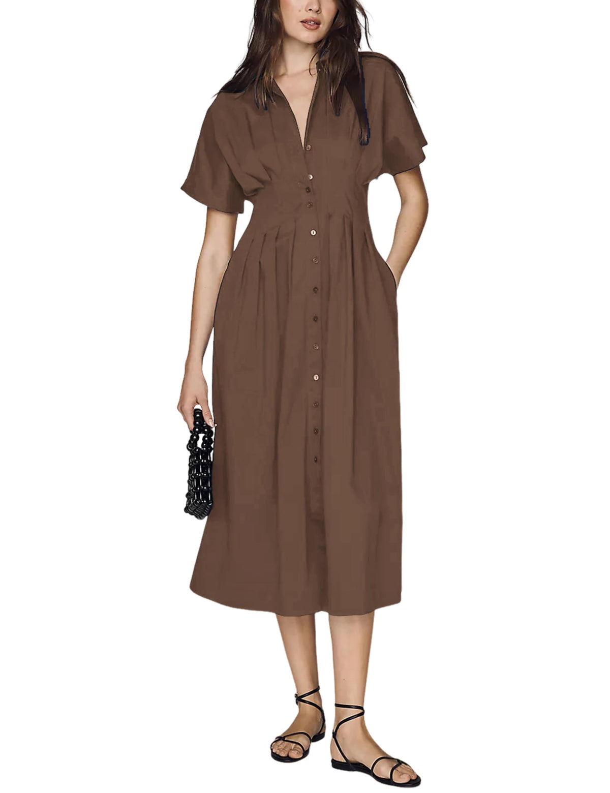 Yeokou Shirt Dress for Women Short Sleeve Button Front Casual Pleated Flowy Maxi Sundress with Pockets