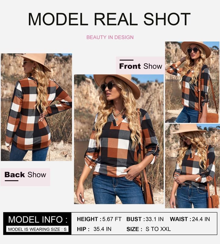 Dokotoo Womens Tops Plaid Cotton Cuffed 3/4 Sleeve Shirts Blouses