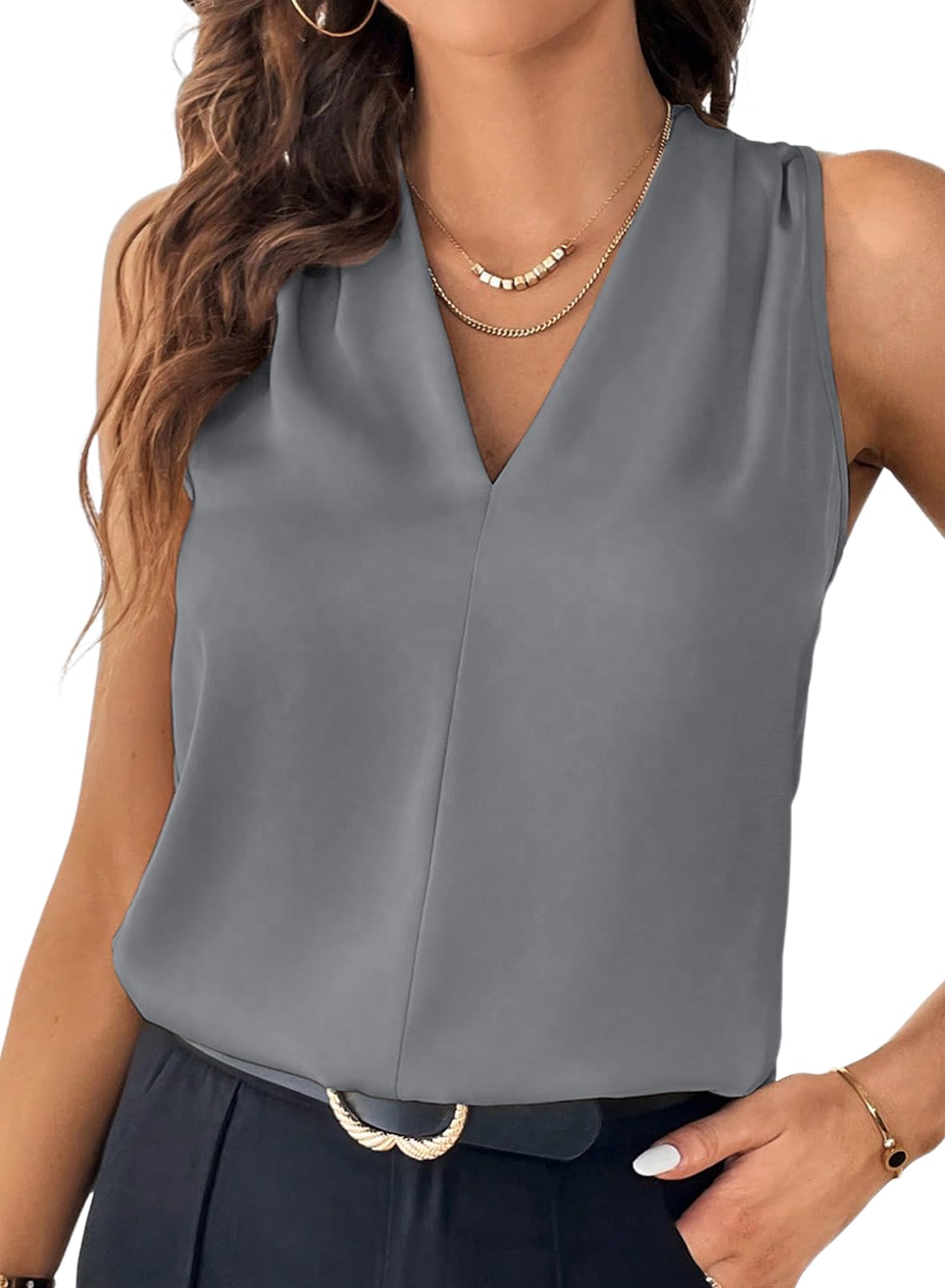 EVALESS Business Casual Tops for Women Pleated V Neck