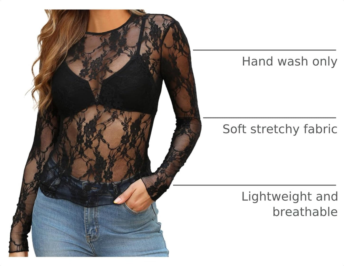 OFEEFAN Womens Mesh Tops Lace Long Sleeve Shirts Crewneck Slim Fitted Outfits See Through Blouses