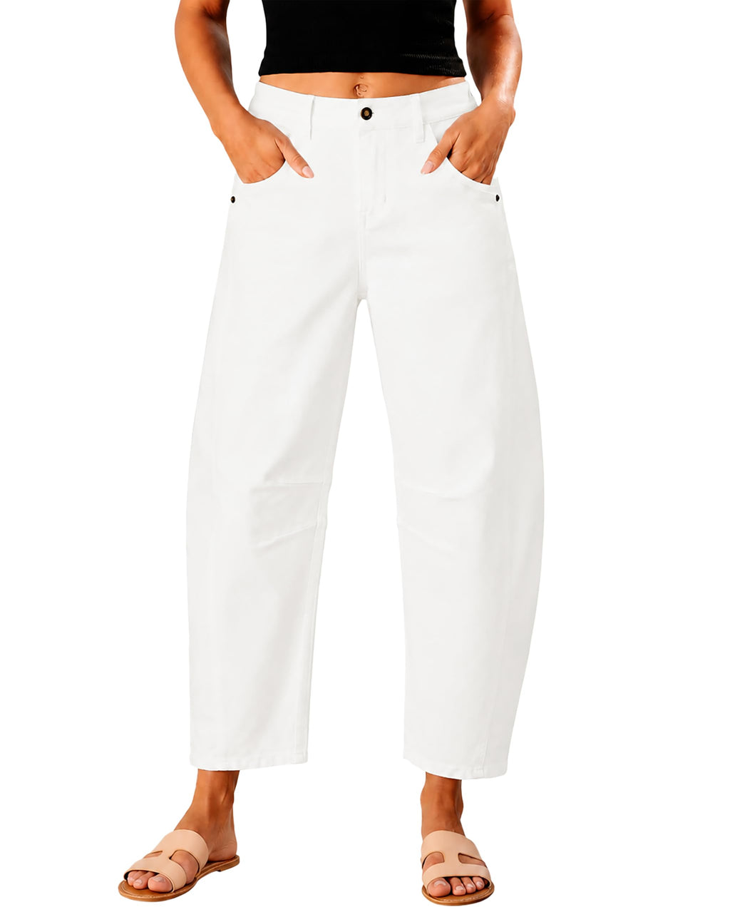 Women's High Waisted Stretch Barrel Leg Jeans Cropped Ankle Pants