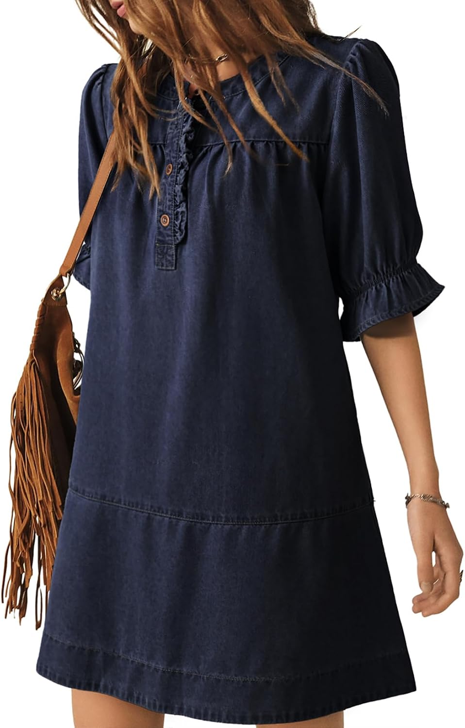 Dokotoo Women's Denim Dress Ruffle Short Sleeve Button Cowgirl Jean Dress