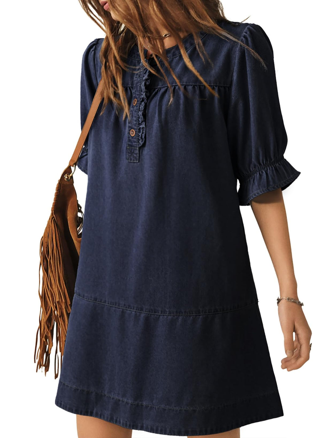 Dokotoo Women's Denim Dress Ruffle Short Sleeve Button Cowgirl Jean Dress