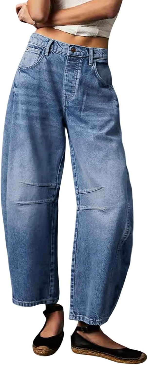 Womens Stretchy Mid Rise Barrel Jeans Vintage Loose Wide Leg Cropped Denim Pants Y2k Baggy Boyfriend Jeans