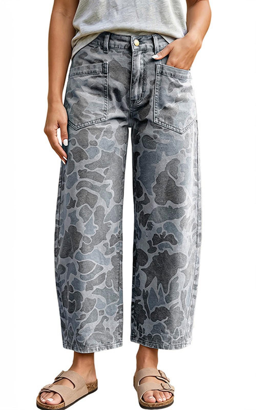 yoeasy Womens Camo Print Wide Leg Jeans Vintage Casual Barrel Denim Pants