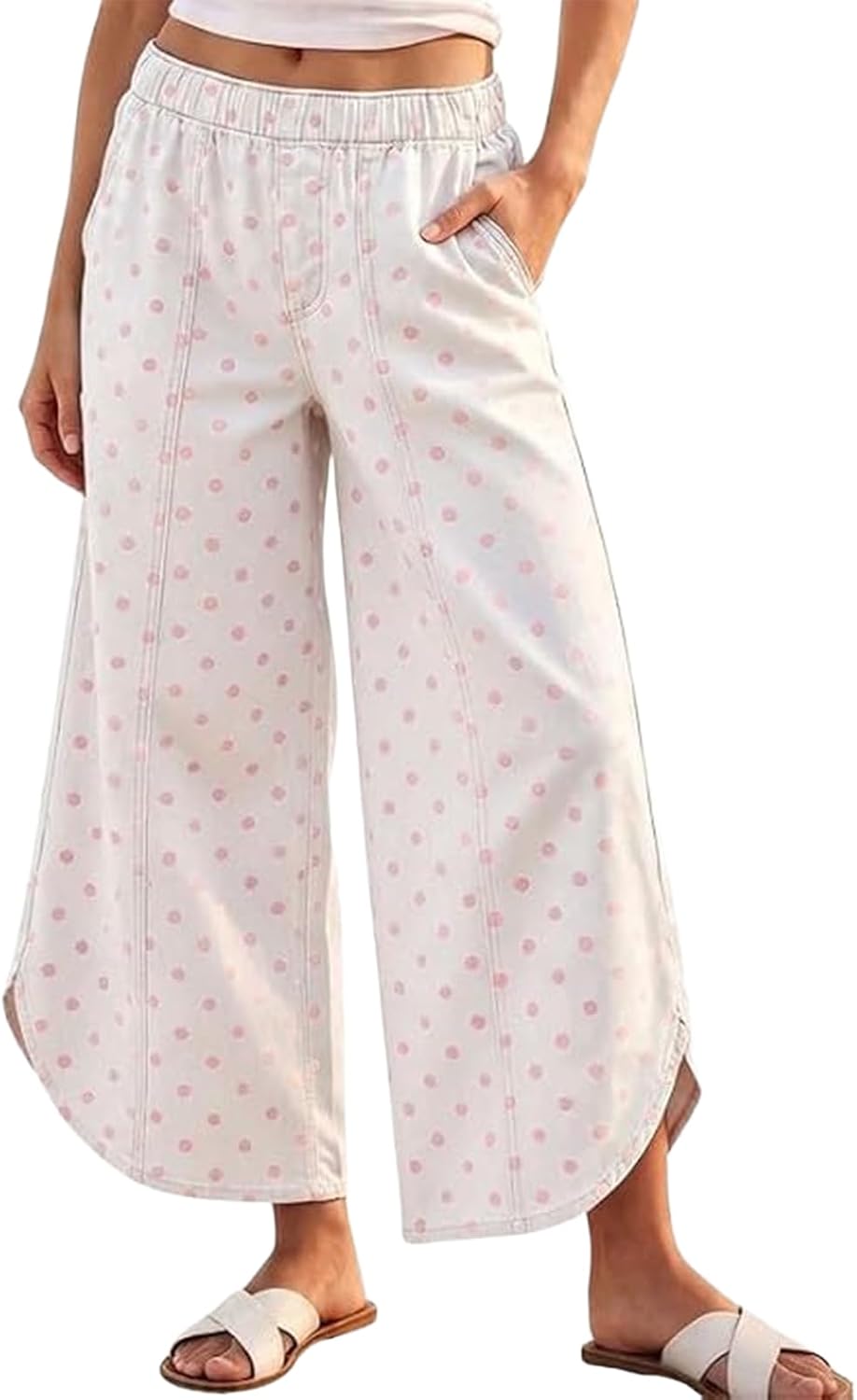Women's Elastic Waist Wide Leg Jeans Tulip Hem Casual Cropped Denim Pants