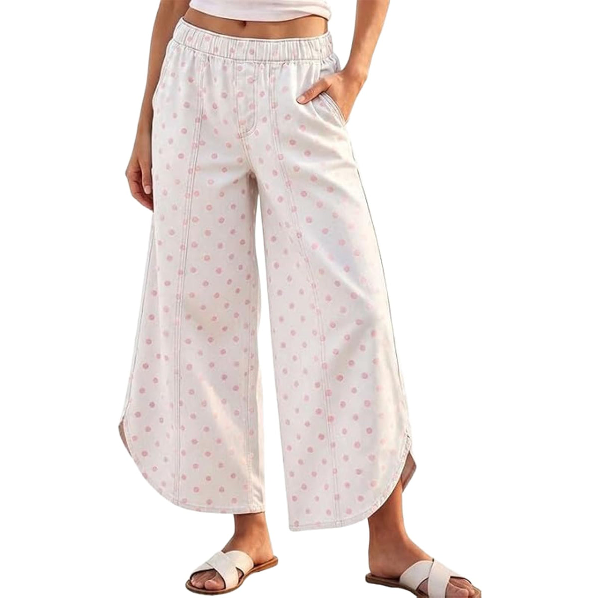 Women's Elastic Waist Wide Leg Jeans Tulip Hem Casual Cropped Denim Pants