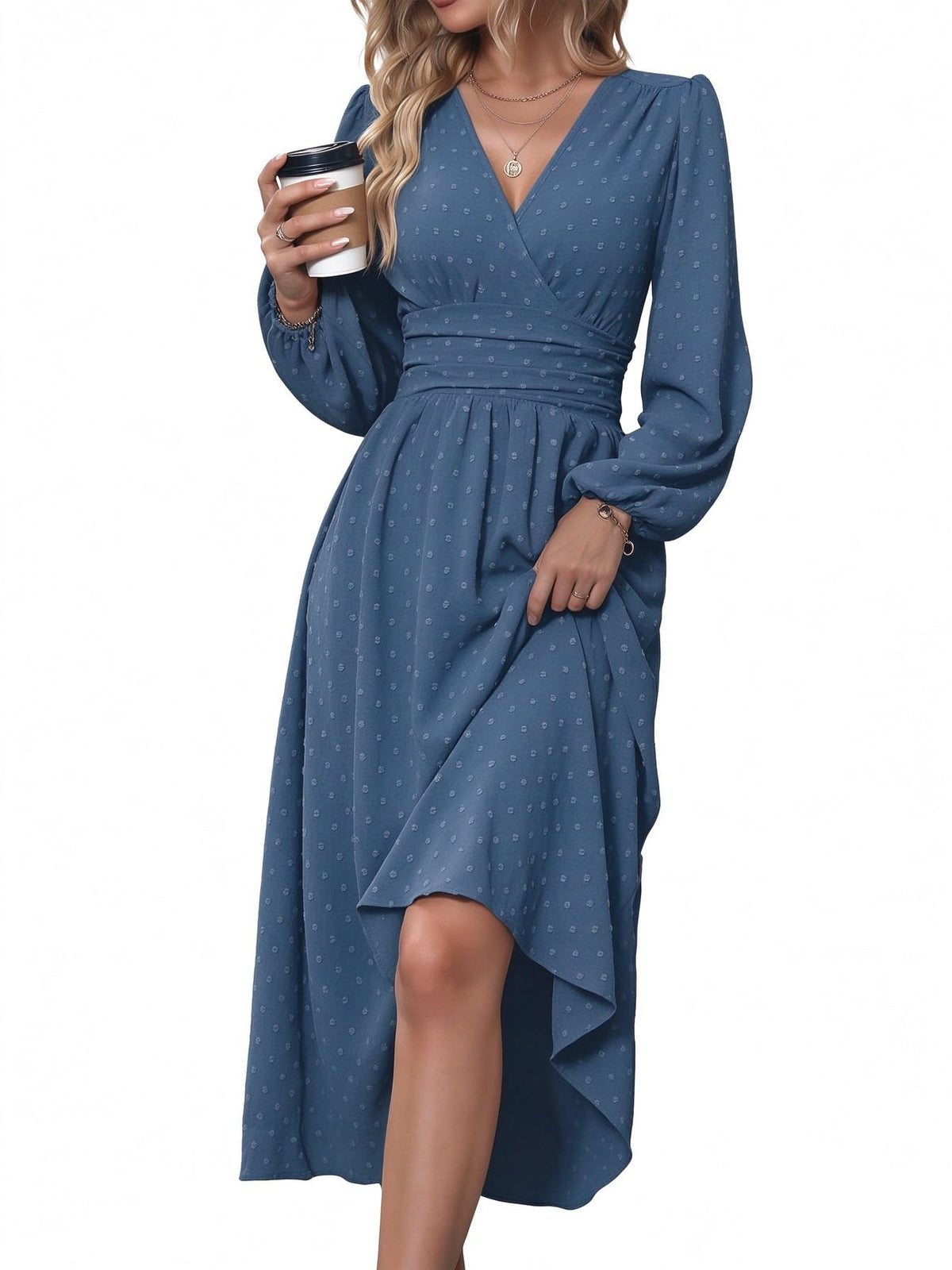 Mettclasi Women's Spring Fall Swiss Dot V-Neck Midi Dress Casual Puff Long Lantern Sleeve A-Line Flowy Wedding Guest Dress