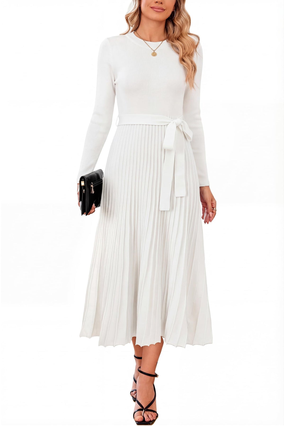 Arach&Cloz Women's Wool Blend Fall Long Sleeve Midi Sweater Dress