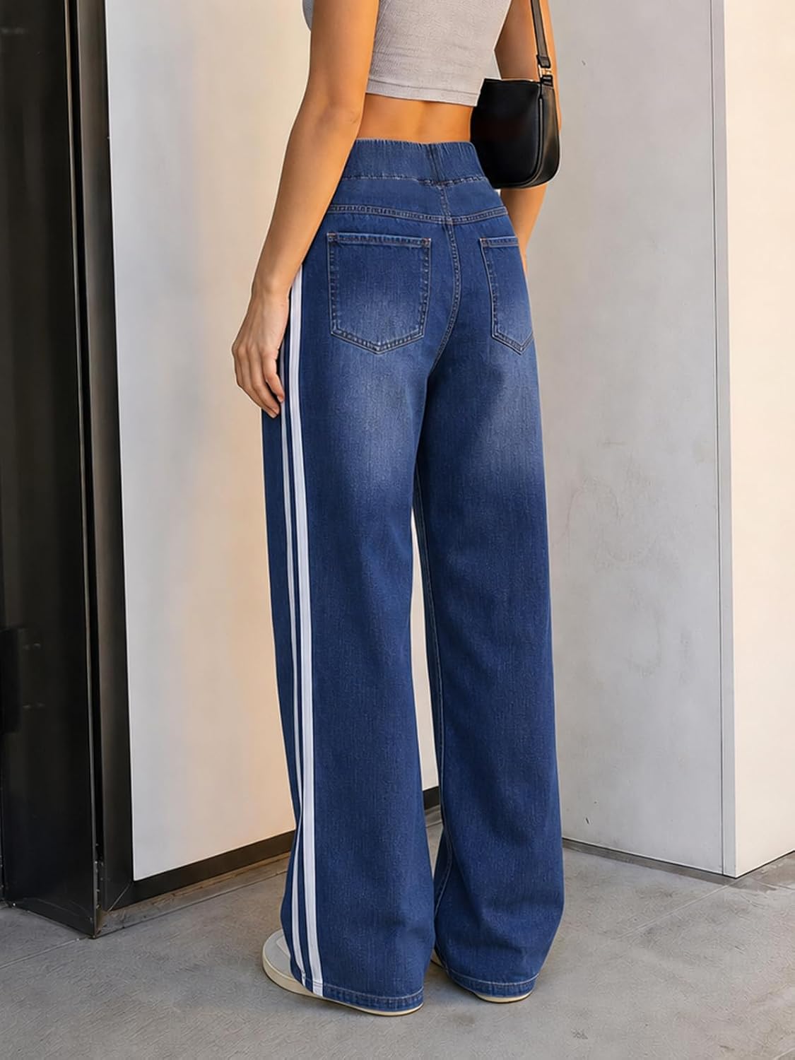 Cicy Bell Womens Pull On Jeans Wide Leg Stretchy Side Striped Denim Pants