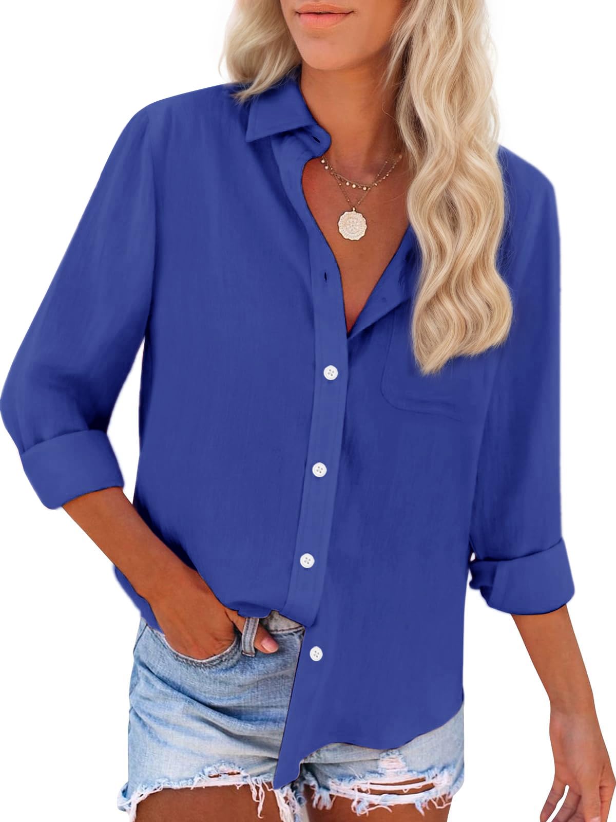 Womens Button Down Shirts Cotton Dress Shirts Oxford Shirts Long Sleeve Work Blouses Collared Tops Tunics with Pocket