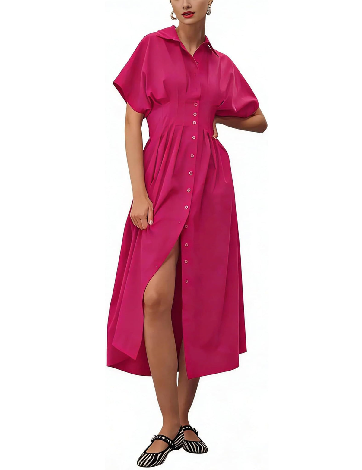 Yeokou Shirt Dress for Women Short Sleeve Button Front Casual Pleated Flowy Maxi Sundress with Pockets