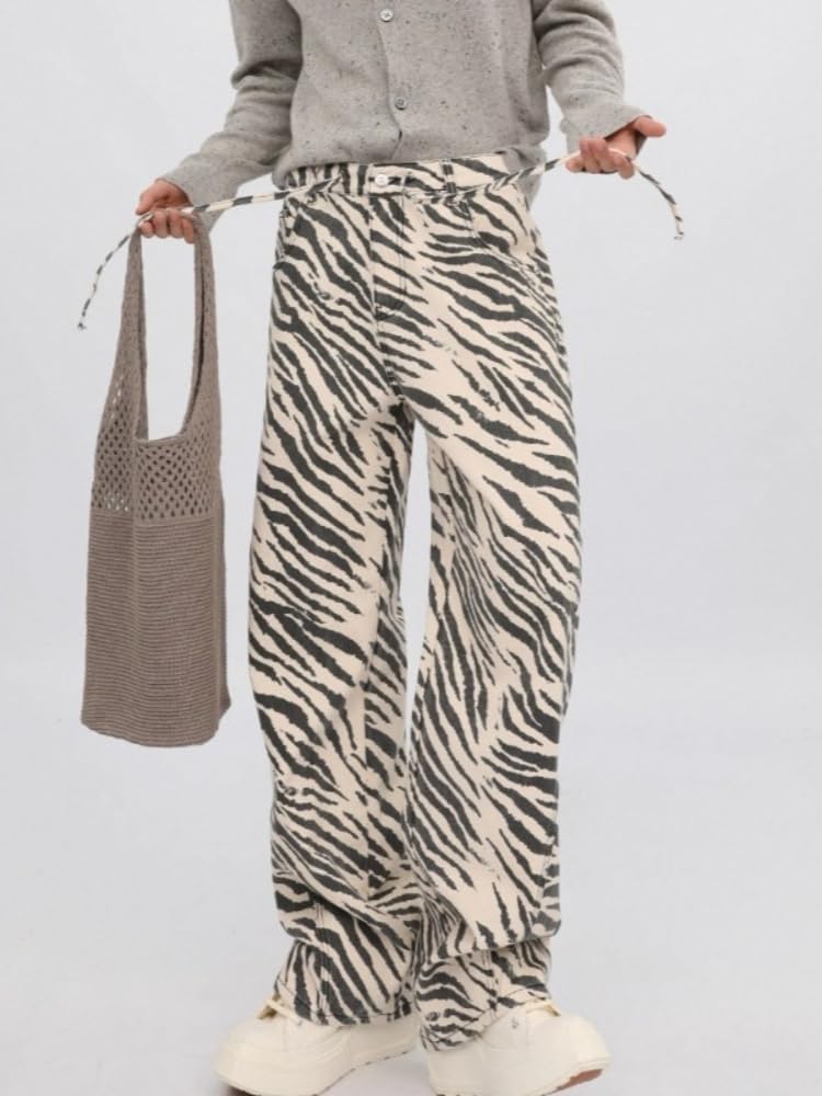 Unisex Y2K Striped Zebra Print Baggy Jeans High Waist Drawstring