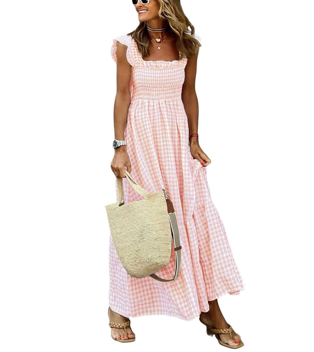 chouyatou Women's Retro Plaid Smocked Dress Spaghetti Strap Flounce Long Dress