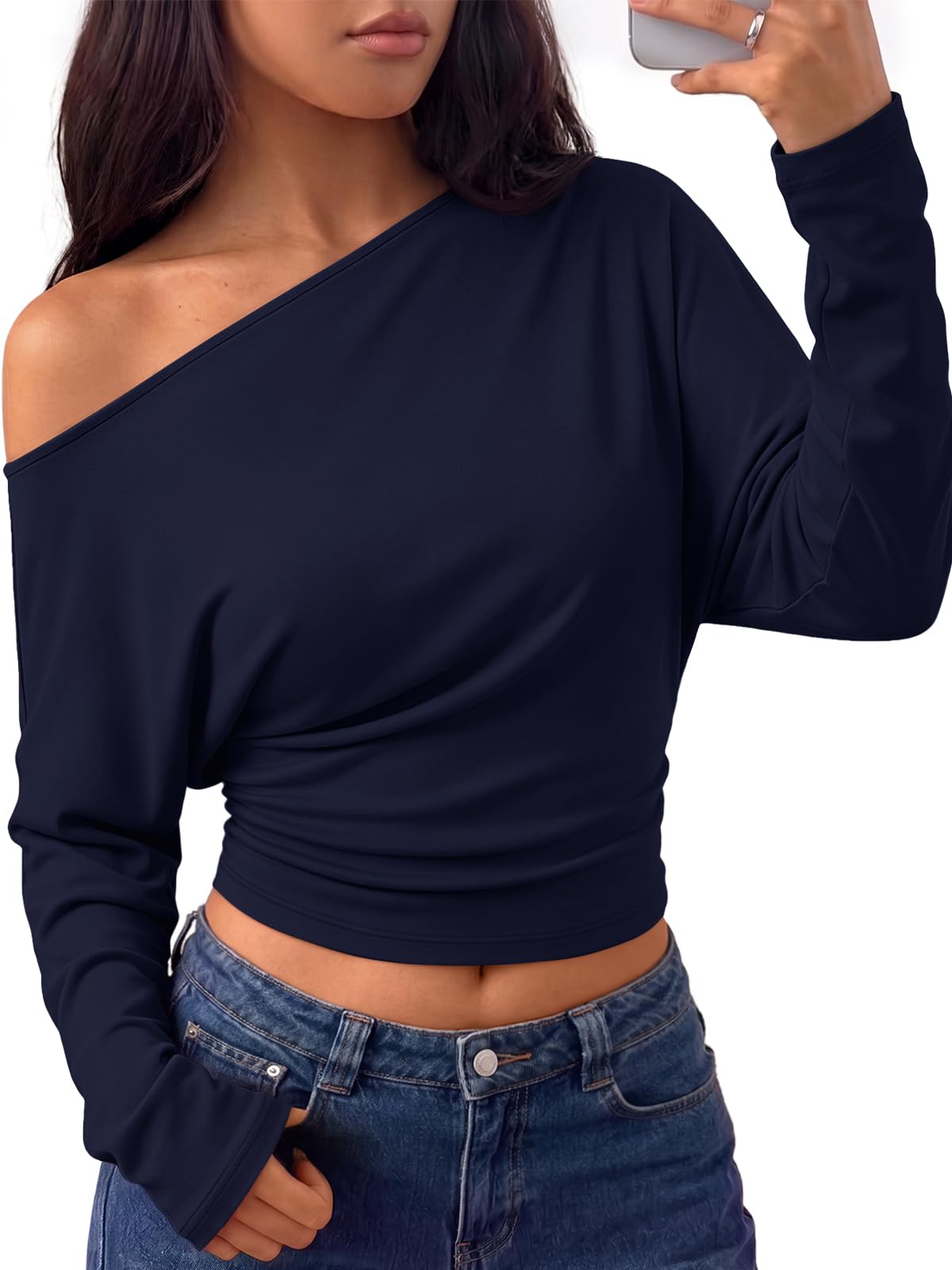 Trendy Queen Off the Shoulder Tops for Women Cinched Waist Shirts 2026 Fall