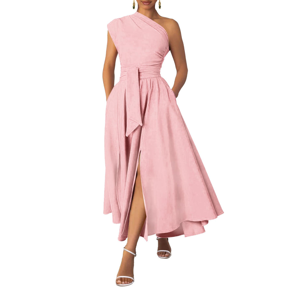 Ekaliy Women's One Shoulder Belted Maxi Dress Formal Wedding Guest Dress