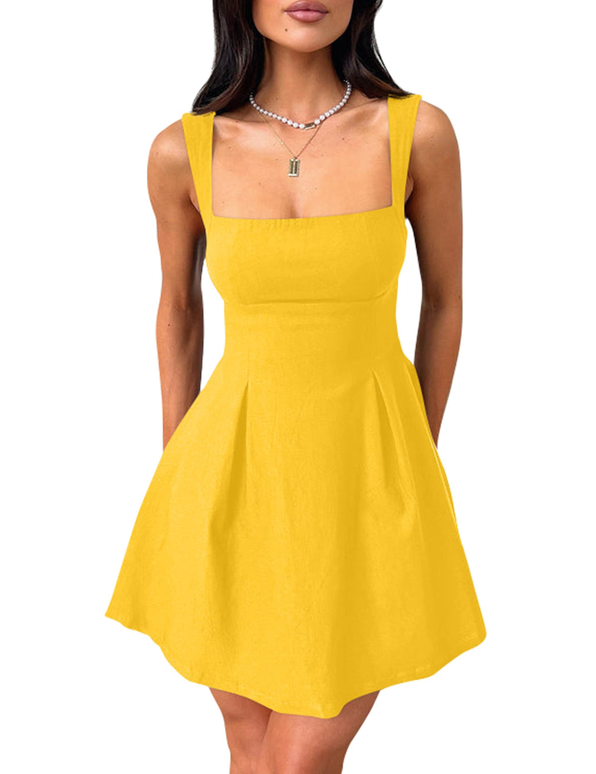 YMDUCH Women's Sleeveless Square Neck Bow Tie A-line Mini Dress