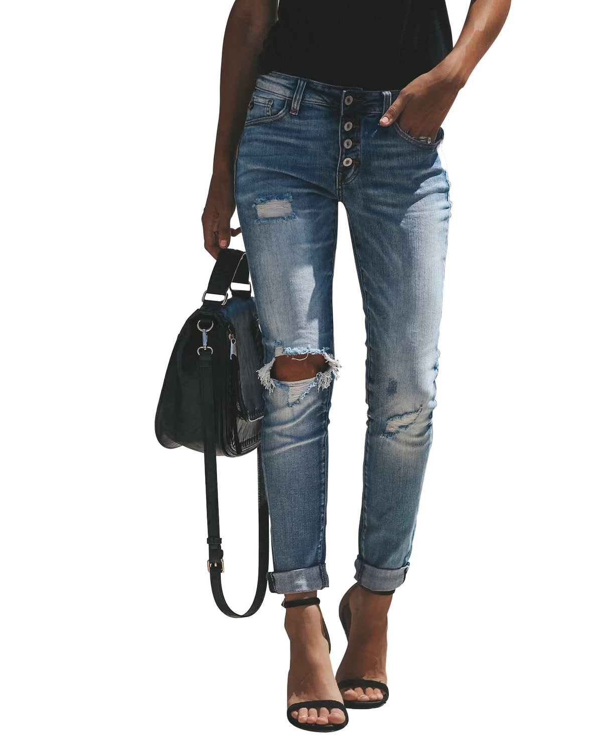 KUNMI Women's Ripped Mid Waisted Boyfriend Jeans Loose Fit Distressed Stretchy Denim Pants
