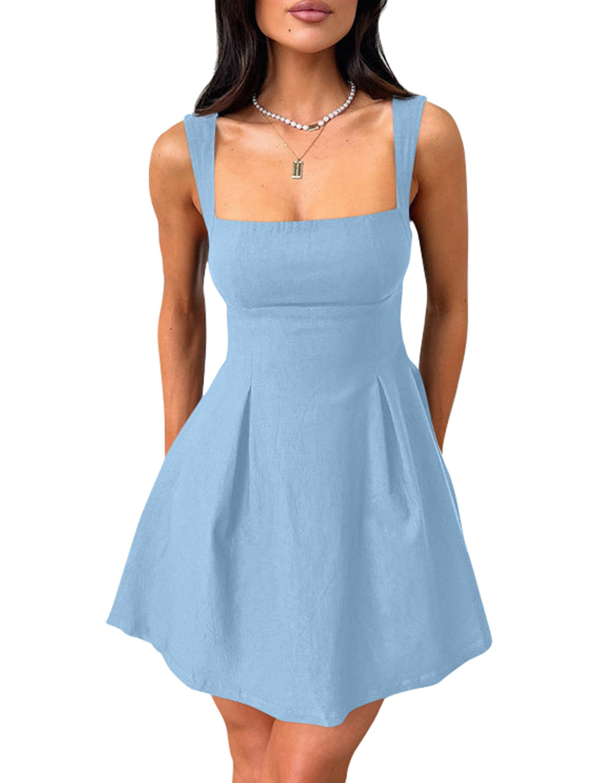 YMDUCH Women's Sleeveless Square Neck Bow Tie A-line Mini Dress