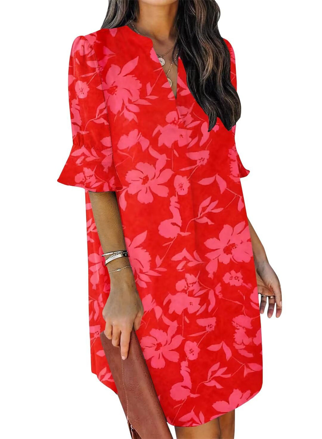 QACOHU Summer Dresses for Women V Neck Ruffle Short Sleeve Shift Dress